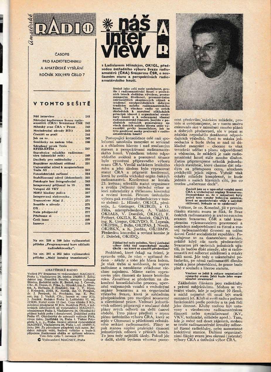 AmatÃ©rskÃ© Radio 7.  svazek XIX, ÄÃ­slo 7 roÄnÃ­k, 1970 - Velmi dobrÃ½ stav s lehkÃ½mi znaÄkami a poÅ¡krÃ¡bÃ¡nÃ­m