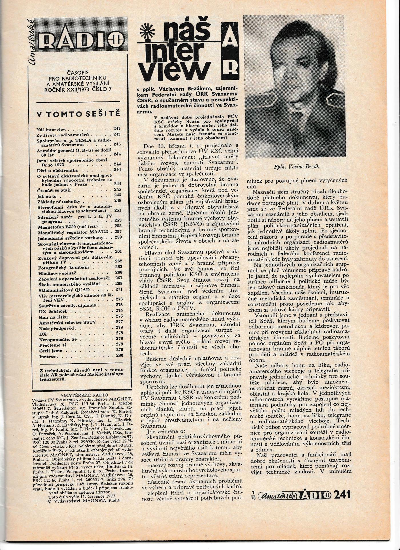 AmatÃ©rskÃ© Radio 7. roÄnÃ­k XXII ÄÃ­slo 7 1973 