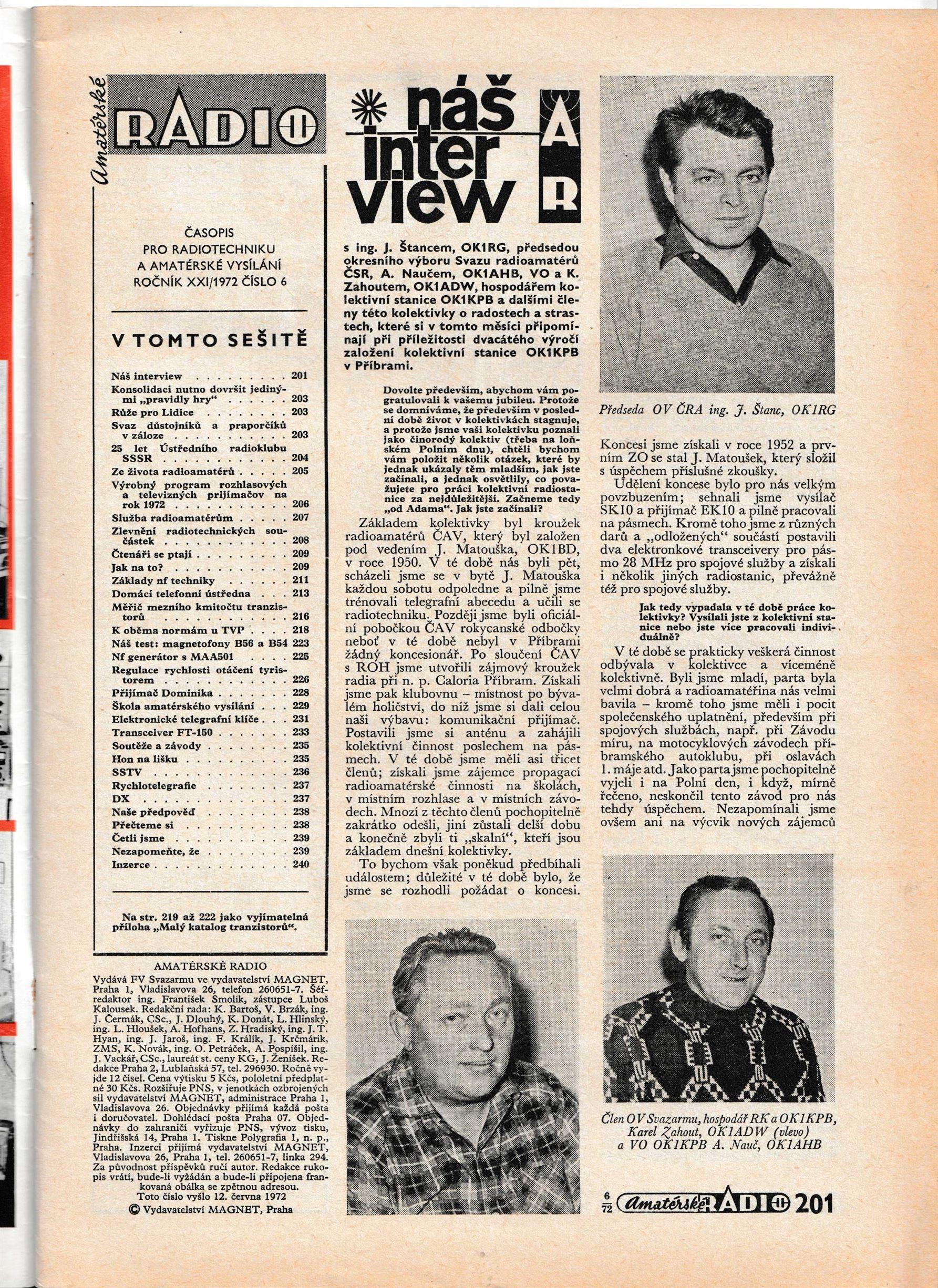 AmatÃ©rskÃ© RÃ¡dio: ÄŒÃ­slo 6 RoÄnÃ­k XXI 1972 - VÃ½bornÃ½ Stav