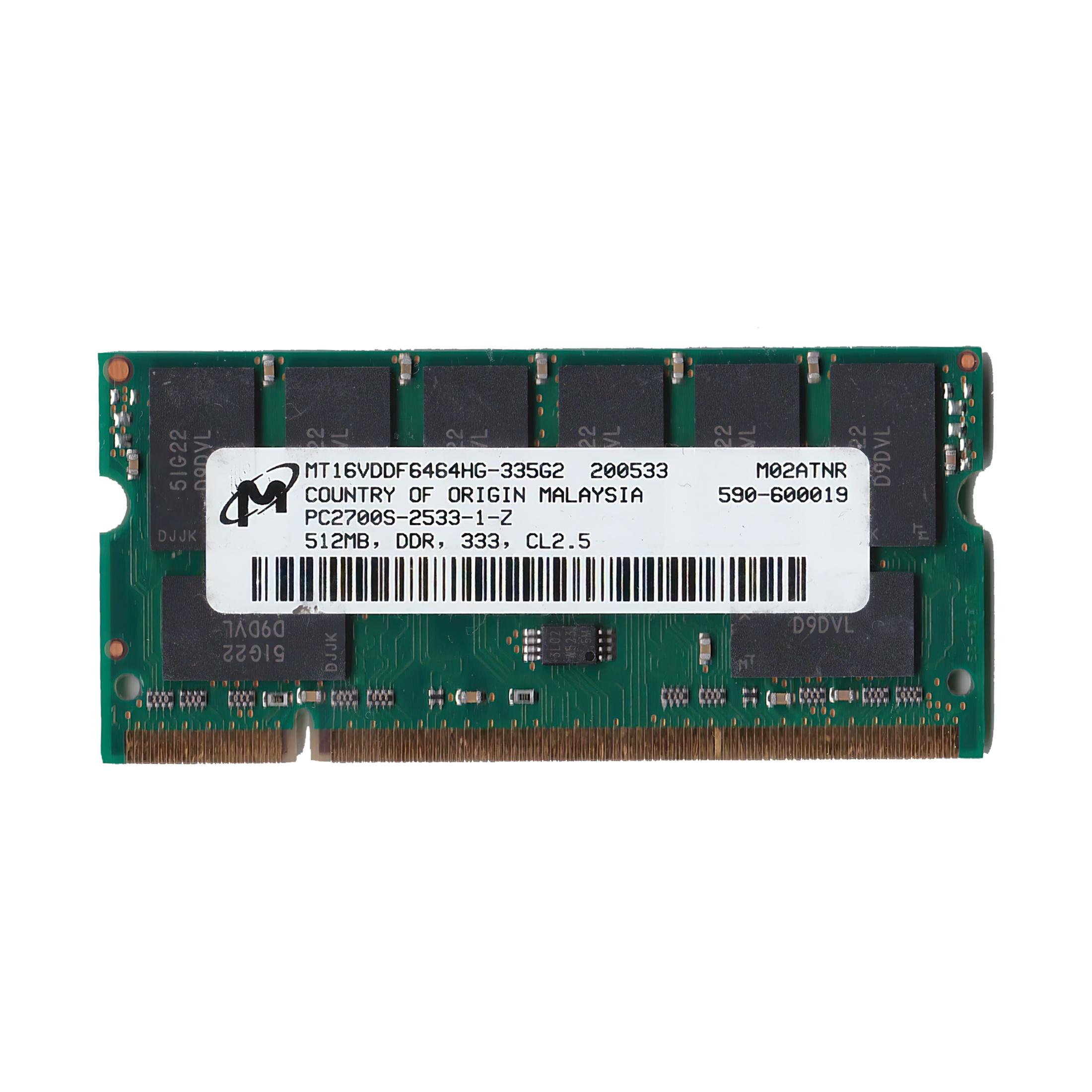 Preowned, Untested Micron PC2700S-2533-1-Z 512MB DDR-333 CL2.5 Laptop Memory Module - Priced to Clear